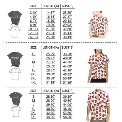 May include: A size chart for t-shirts featuring three sections for kids, women, and men. Each section displays a t-shirt icon with length and bust measurements in inches, alongside a photo of a person wearing a light pink t-shirt with a repeating face pattern.