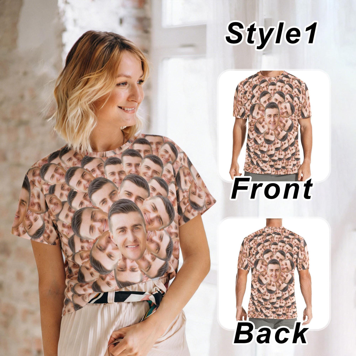 May include: A short-sleeve t-shirt featuring an all-over repeating pattern of a single person's face. The design includes the text Style1, Front, and Back, showcasing the front and back views of the garment with the same face print throughout.