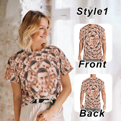May include: A short-sleeve t-shirt featuring an all-over repeating pattern of a single person's face. The design includes the text Style1, Front, and Back, showcasing the front and back views of the garment with the same face print throughout.