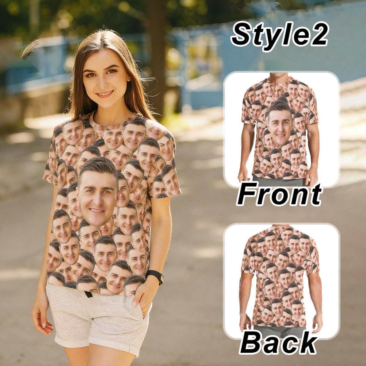 May include: A short-sleeve t-shirt featuring an all-over repeating pattern of a single person's face. The design is labeled Style 2, with separate views showing the front and back of the garment, displaying the same face print on both sides.