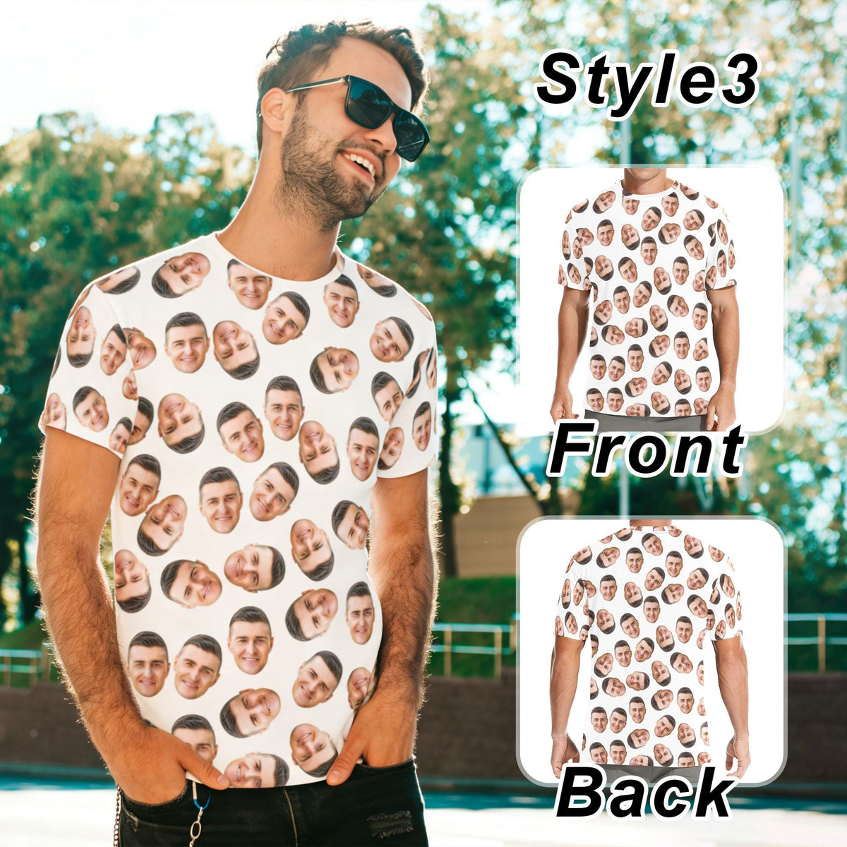 May include: A white short-sleeved t-shirt featuring an all-over repeating pattern of a person's face. The image displays the shirt from the front and back, labeled as Style3, Front, and Back, showing the same face print on both sides.