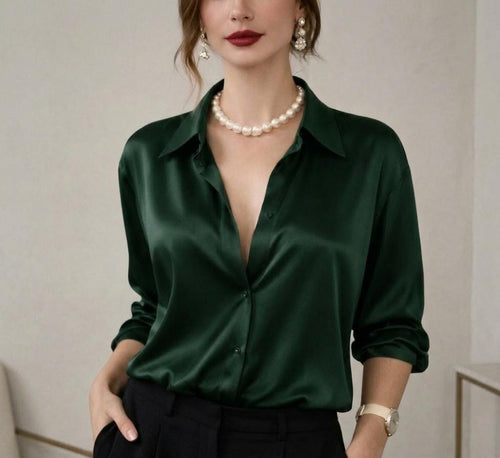 May include: A dark green satin button-down shirt with long sleeves. The shirt is paired with black pants. A pearl necklace and gold watch are visible. The shirt has a classic collar and a button-up front.