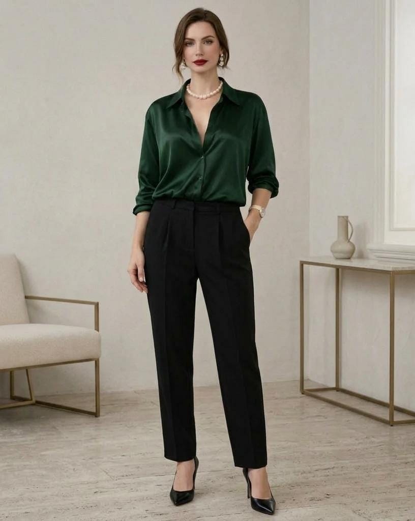 May include: A dark green satin button-down shirt paired with black dress pants. The pants have a tailored fit. The outfit is completed with black heels. The overall look is professional and stylish.