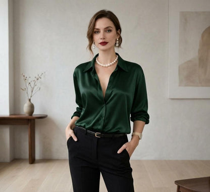 May include: A dark green satin button-down shirt with long sleeves and a collar. The shirt is paired with black pants and a black belt. The model is also wearing a pearl necklace and a gold watch.