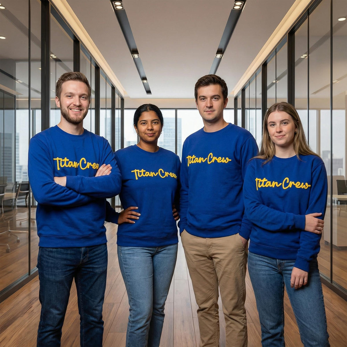 May include: Four people wearing blue sweatshirts with the text "Titan Crew" in yellow script. The people are standing in a modern office setting with glass walls and a wooden floor. The sweatshirts are long-sleeved.