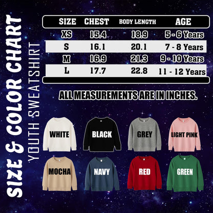 May include: A size and color chart for youth sweatshirts. The chart includes chest and body length measurements in inches for sizes XS to L, with corresponding age ranges from 5-6 to 11-12 years. The chart also displays sweatshirts in white, black, grey, light pink, mocha, navy, red, and green.