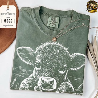 May include: A moss-colored Comfort Colors tee featuring a detailed white graphic of a cow's face with a farm scene. The shirt has a crew neck and short sleeves. A silver necklace with a pendant rests on the shirt. The tag reads "Comfort Colors Tee" and "Moss".