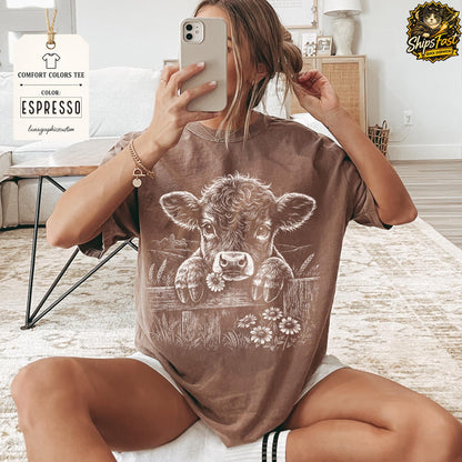 May include: Espresso-colored comfort colors tee featuring a graphic of a cow peering over a wooden fence with daisies. The shirt has short sleeves and the text "COMFORT COLORS TEE" and "ESPRESSO" on a tag.