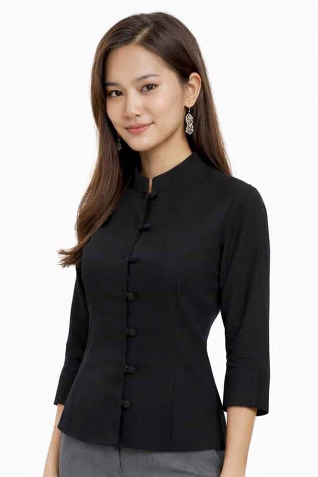 Ladies Black Elegant Cotton Shirt Blouse Top - Mandarin Collar Long & Short Sleeve Sophisticated Formal Wear - 10 Designs Design 1