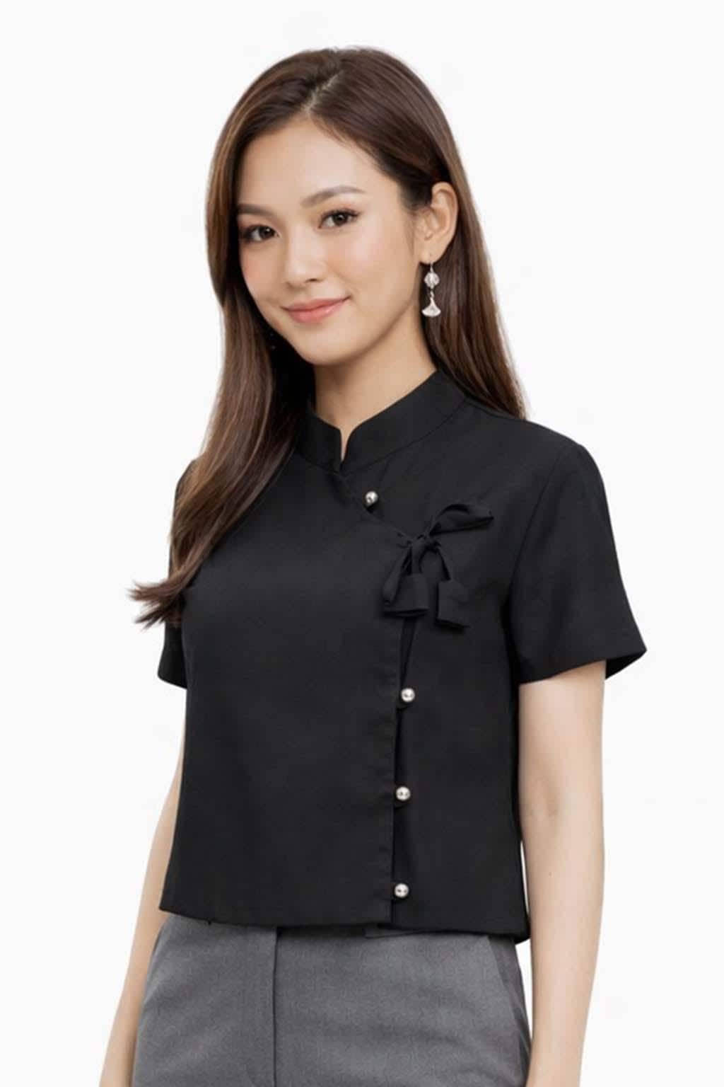 Ladies Black Elegant Cotton Shirt Blouse Top - Mandarin Collar Long & Short Sleeve Sophisticated Formal Wear - 10 Designs Design 2
