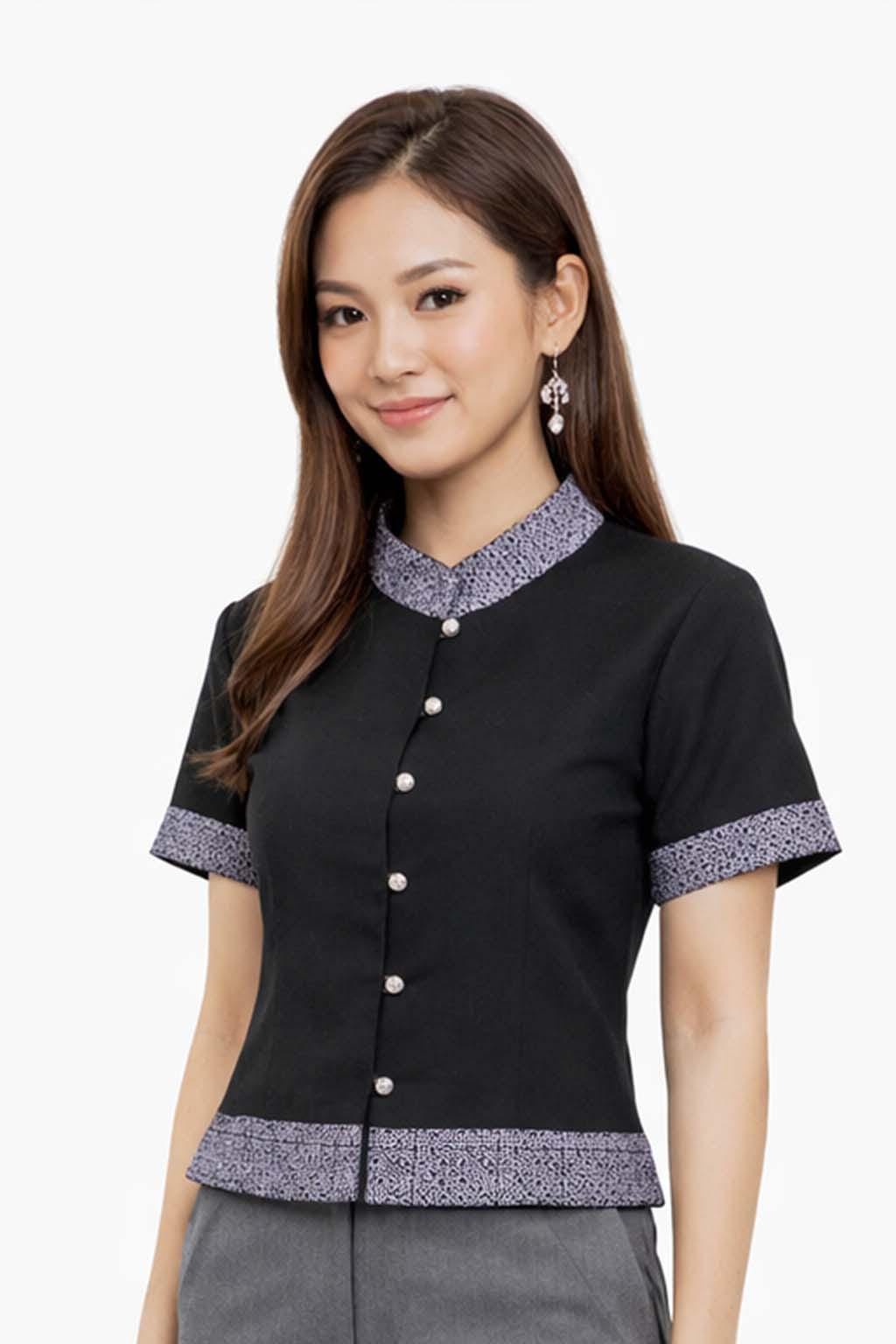 Ladies Black Elegant Cotton Shirt Blouse Top - Mandarin Collar Long & Short Sleeve Sophisticated Formal Wear - 10 Designs Design 4