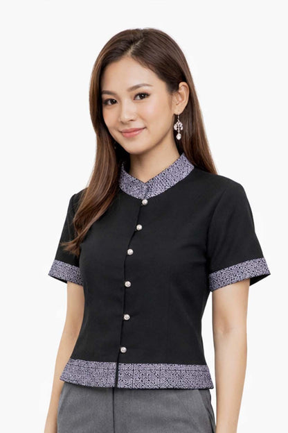Ladies Black Elegant Cotton Shirt Blouse Top - Mandarin Collar Long & Short Sleeve Sophisticated Formal Wear - 10 Designs Design 4