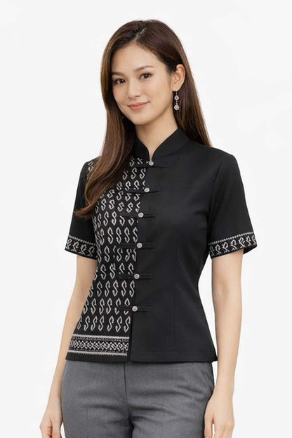 Ladies Black Elegant Cotton Shirt Blouse Top - Mandarin Collar Long & Short Sleeve Sophisticated Formal Wear - 10 Designs Design 8