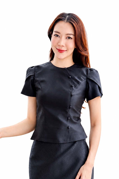 Ladies Black Elegant Cotton Shirt Blouse Top - Mandarin Collar Long & Short Sleeve Sophisticated Formal Wear - 10 Designs Design 11 (Silk)