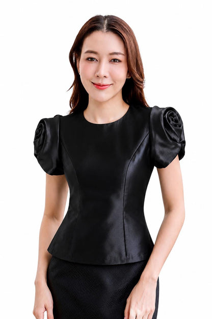 Ladies Black Elegant Cotton Shirt Blouse Top - Mandarin Collar Long & Short Sleeve Sophisticated Formal Wear - 10 Designs Design 12 (Silk)