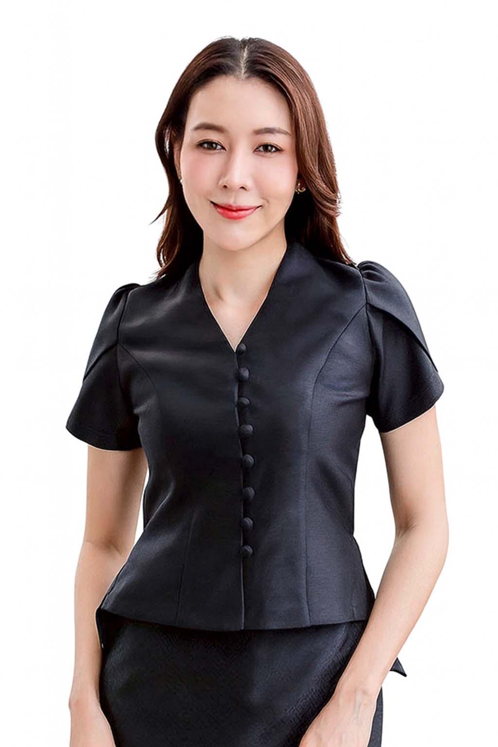 Ladies Black Elegant Cotton Shirt Blouse Top - Mandarin Collar Long & Short Sleeve Sophisticated Formal Wear - 10 Designs Design 13 (Silk)