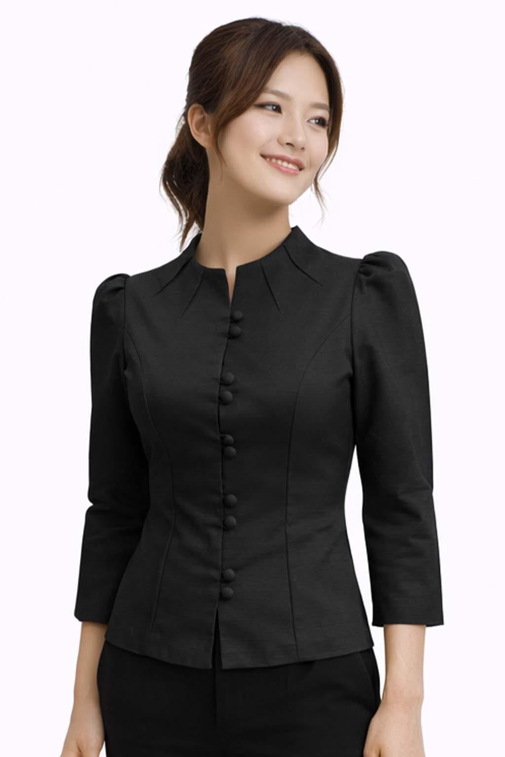 Ladies Black Elegant Cotton Shirt Blouse Top - Mandarin Collar Long & Short Sleeve Sophisticated Formal Wear - 10 Designs Design 16 (Silk)