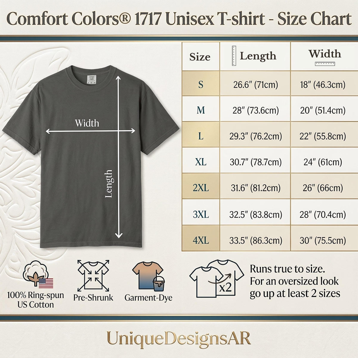 May include: A charcoal gray Comfort Colors 1717 unisex t-shirt displayed with a size chart showing lengths from 26.6 to 33.5 inches and widths from 18 to 30 inches. Features include 100% ring-spun US cotton, pre-shrunk fabric, and garment-dyeing.