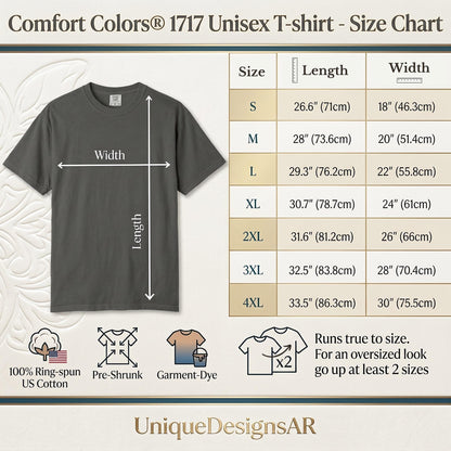 May include: A charcoal gray Comfort Colors 1717 unisex t-shirt displayed with a size chart showing lengths from 26.6 to 33.5 inches and widths from 18 to 30 inches. Features include 100% ring-spun US cotton, pre-shrunk fabric, and garment-dyeing.