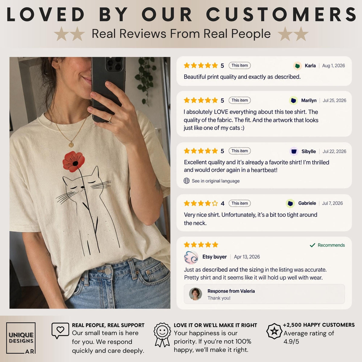 May include: A cream-colored short-sleeve t-shirt featuring a black line-art illustration of a cat holding a single red poppy flower. The image includes a section titled LOVED BY OUR CUSTOMERS with five-star reviews and text about the shirt.