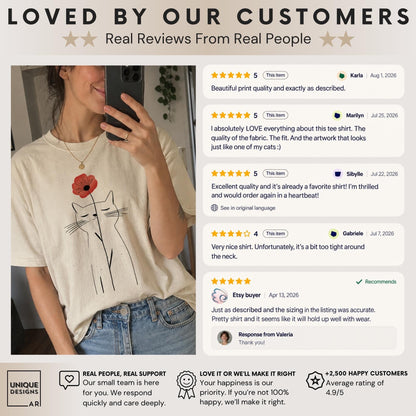 May include: A cream-colored short-sleeve t-shirt featuring a black line-art illustration of a cat holding a single red poppy flower. The image includes a section titled LOVED BY OUR CUSTOMERS with five-star reviews and text about the shirt.