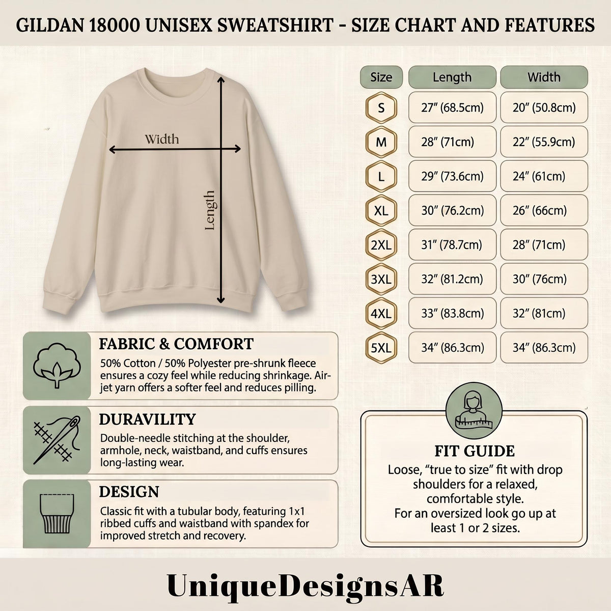 May include: A beige crewneck sweatshirt displayed with a size chart showing lengths from 27 to 34 inches and widths from 20 to 34 inches. The graphic includes text detailing fabric composition, double-needle stitching, and a fit guide for the garment.