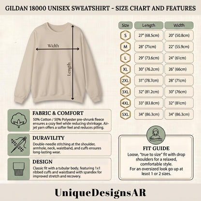 May include: A beige crewneck sweatshirt displayed with a size chart showing lengths from 27 to 34 inches and widths from 20 to 34 inches. The graphic includes text detailing fabric composition, double-needle stitching, and a fit guide for the garment.
