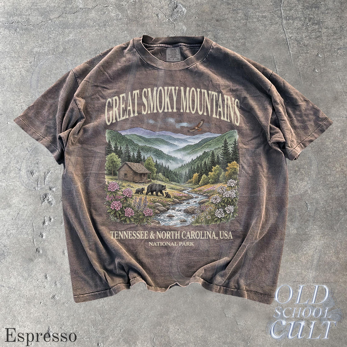 Great Smoky Mountains National Park Vintage 90s Graphic Shirt, Retro Comfort Colors®Mountain Cabin Bear USA Nostalgia Unisex Tee Espresso