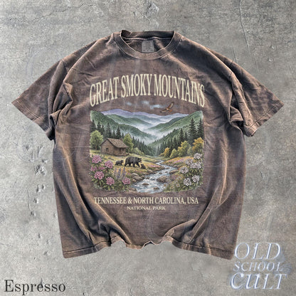 Great Smoky Mountains National Park Vintage 90s Graphic Shirt, Retro Comfort Colors®Mountain Cabin Bear USA Nostalgia Unisex Tee Espresso