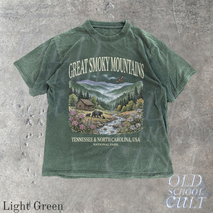 Great Smoky Mountains National Park Vintage 90s Graphic Shirt, Retro Comfort Colors®Mountain Cabin Bear USA Nostalgia Unisex Tee Light Green