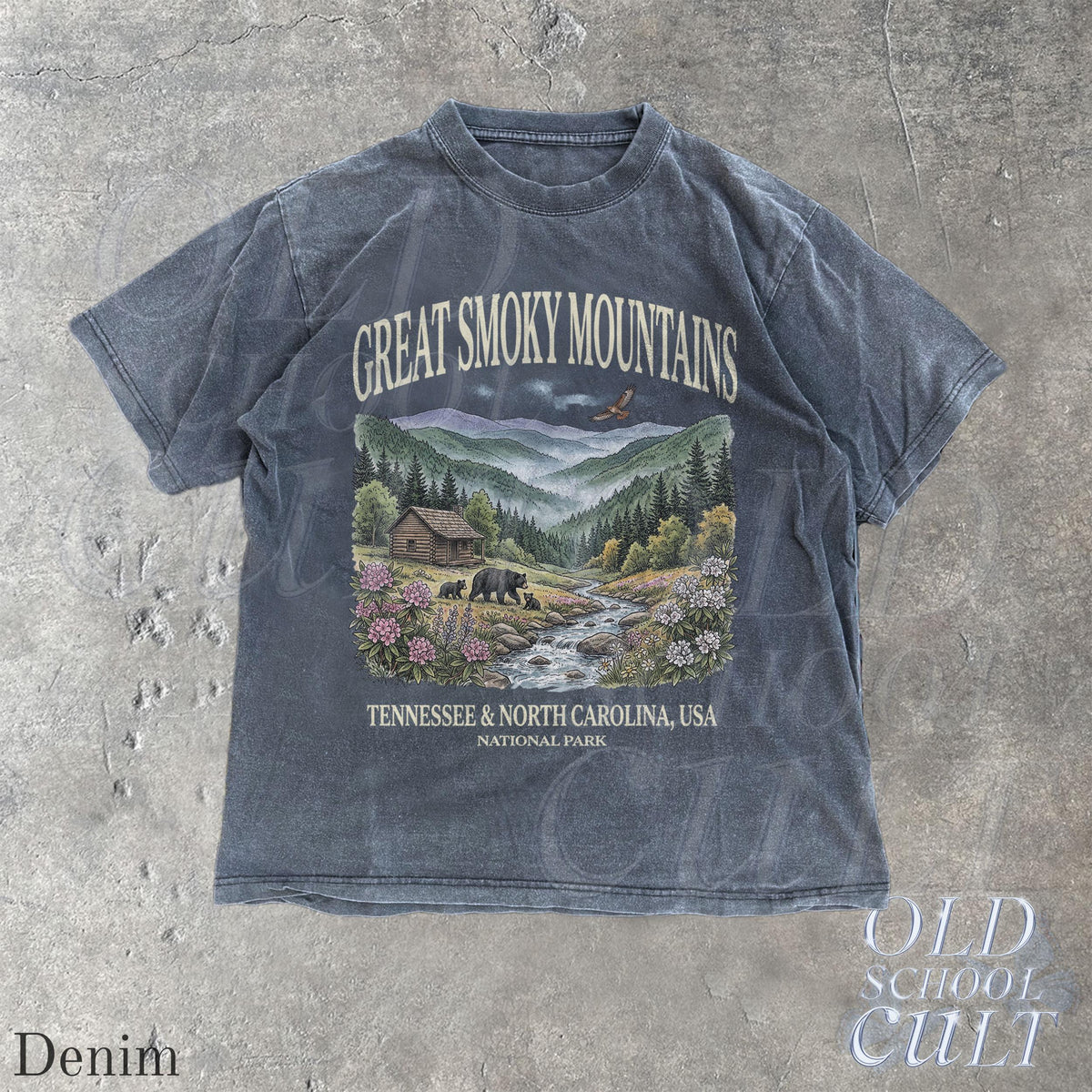 Great Smoky Mountains National Park Vintage 90s Graphic Shirt, Retro Comfort Colors®Mountain Cabin Bear USA Nostalgia Unisex Tee Denim
