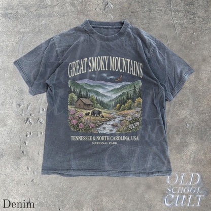 Great Smoky Mountains National Park Vintage 90s Graphic Shirt, Retro Comfort Colors®Mountain Cabin Bear USA Nostalgia Unisex Tee Denim