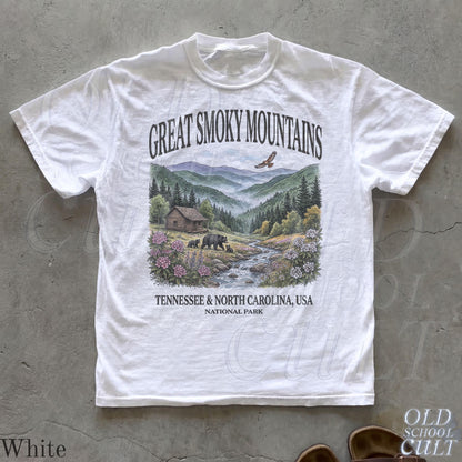 Great Smoky Mountains National Park Vintage 90s Graphic Shirt, Retro Comfort Colors®Mountain Cabin Bear USA Nostalgia Unisex Tee White