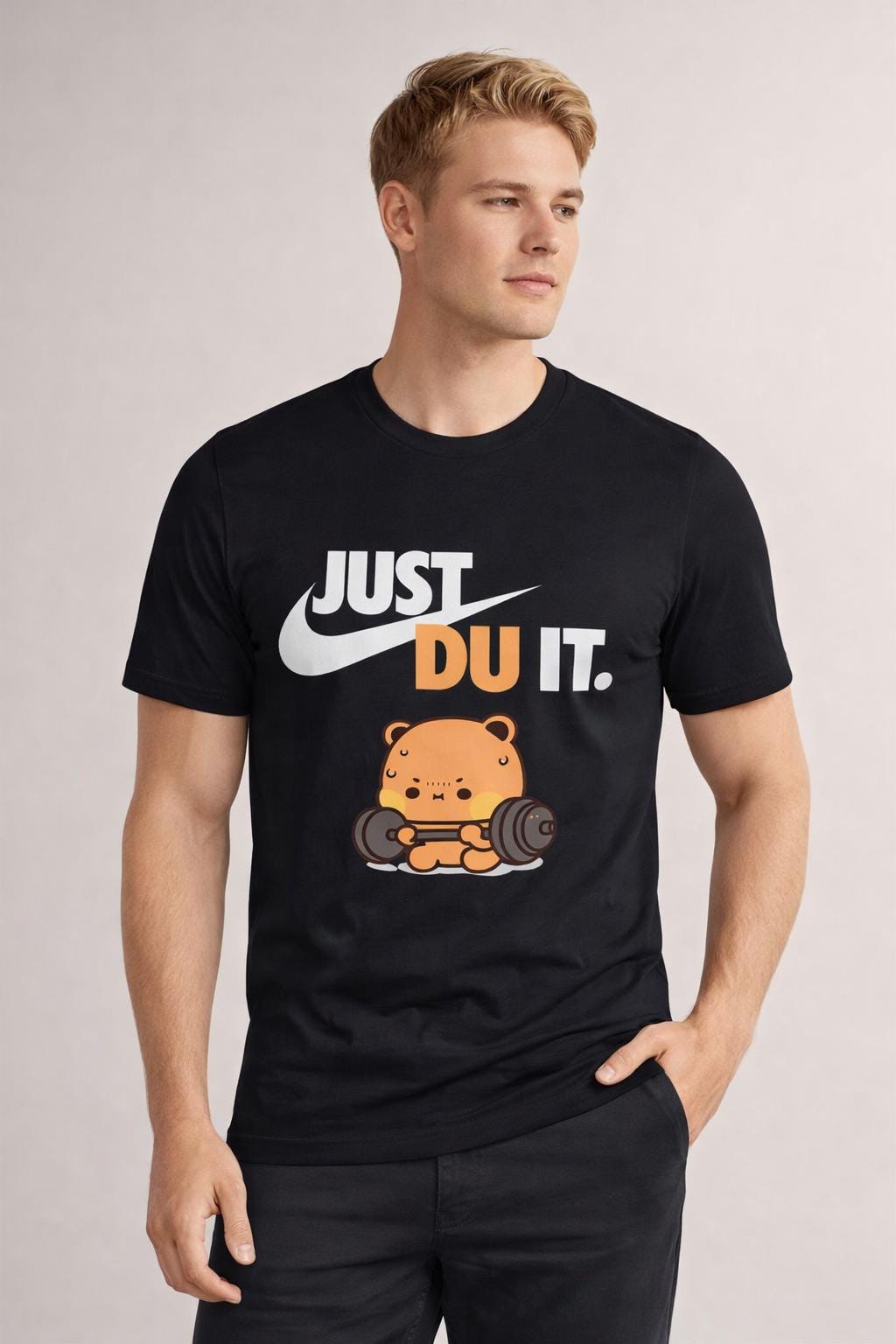 Bubu Dudu Just DU It Nike Parody Shirt Funny Gym Shirt Panda Bear Hug Workout Tee Cute Kawaii Fitness Shirt Couple Gift Weightlifting Tee image 2