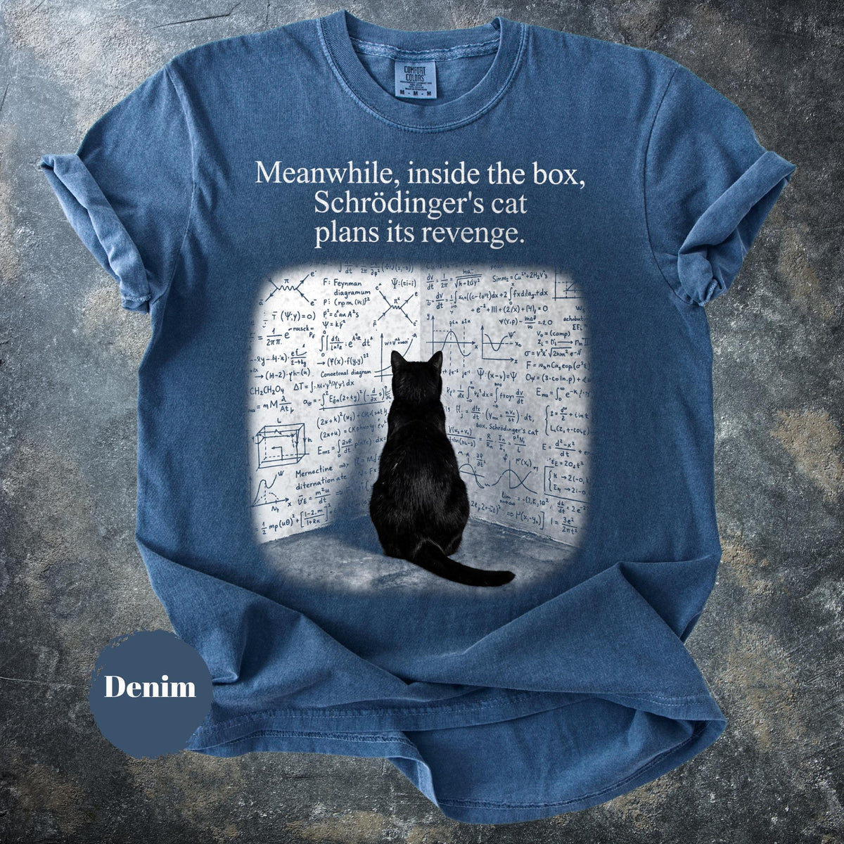 May include: A denim blue t-shirt featuring a graphic of a black cat sitting in front of a wall covered in complex physics equations. The text above the cat reads, "Meanwhile, inside the box, Schrödinger's cat plans its revenge." The shirt has a crew neck.