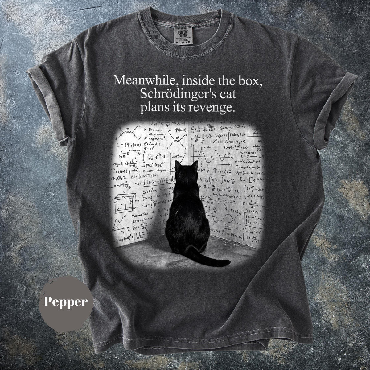 May include: A charcoal gray t-shirt featuring a black cat sitting in front of a wall covered in complex physics equations and diagrams. The text above the graphic reads, "Meanwhile, inside the box, Schrödinger's cat plans its revenge." The shirt has a crew neck.