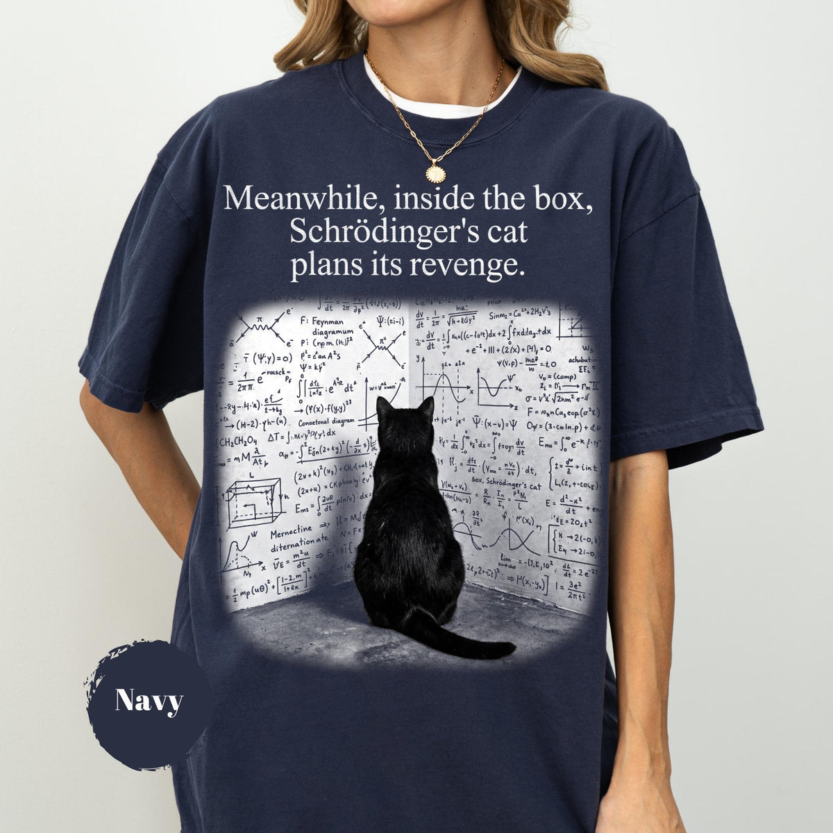 May include: A navy blue t-shirt featuring a graphic of a black cat sitting in front of a wall covered in white physics equations and diagrams. The text above the cat reads, "Meanwhile, inside the box, Schrödinger's cat plans its revenge."