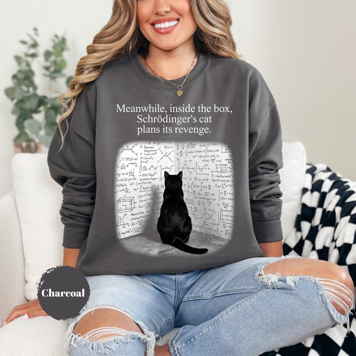 May include: A charcoal gray crewneck sweatshirt featuring a graphic of a black cat sitting before a wall covered in complex mathematical equations. The text above the cat reads, "Meanwhile, inside the box, Schrödinger's cat plans its revenge."