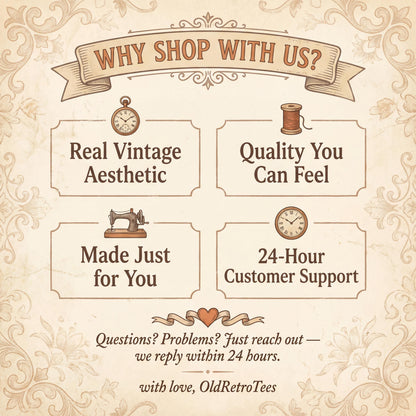 May include: A beige informational graphic with brown text and illustrations. The header reads WHY SHOP WITH US? Four boxes contain icons of a pocket watch, thread spool, sewing machine, and clock, with text describing service features and contact info.