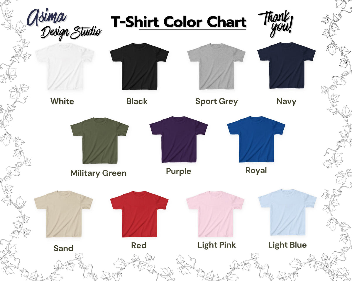 May include: A color chart for t-shirts, featuring various solid colors. The chart includes white, black, sport grey, navy, military green, purple, royal blue, sand, red, light pink, and light blue. The text "Asima Design Studio" and "Thank you!" are also visible.