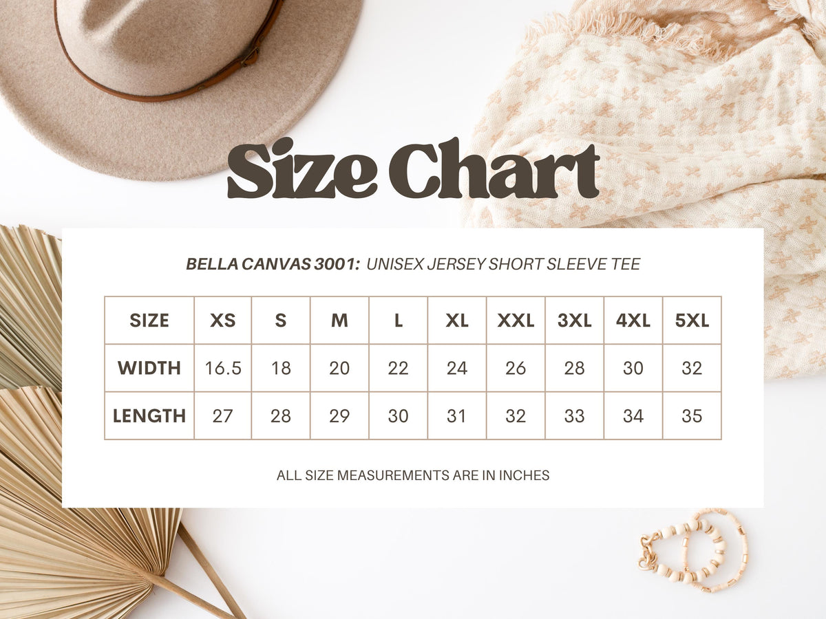 May include: A size chart for a Bella Canvas 3001 unisex jersey short sleeve tee. The chart displays sizes XS to 5XL, with width measurements from 16.5 to 32 inches and lengths from 27 to 35 inches. The text "Size Chart" is at the top.
