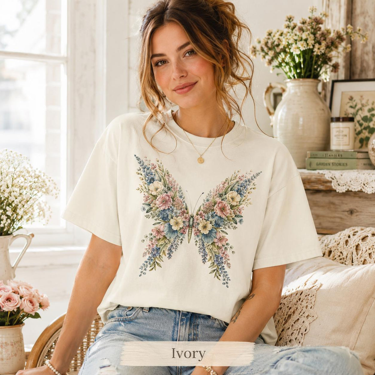 Comfort Colors Floral Butterfly Shirt, Cottagecore Butterfly Tee, Botanical Flower Shirt, Nature Lover Gift for Her image 3