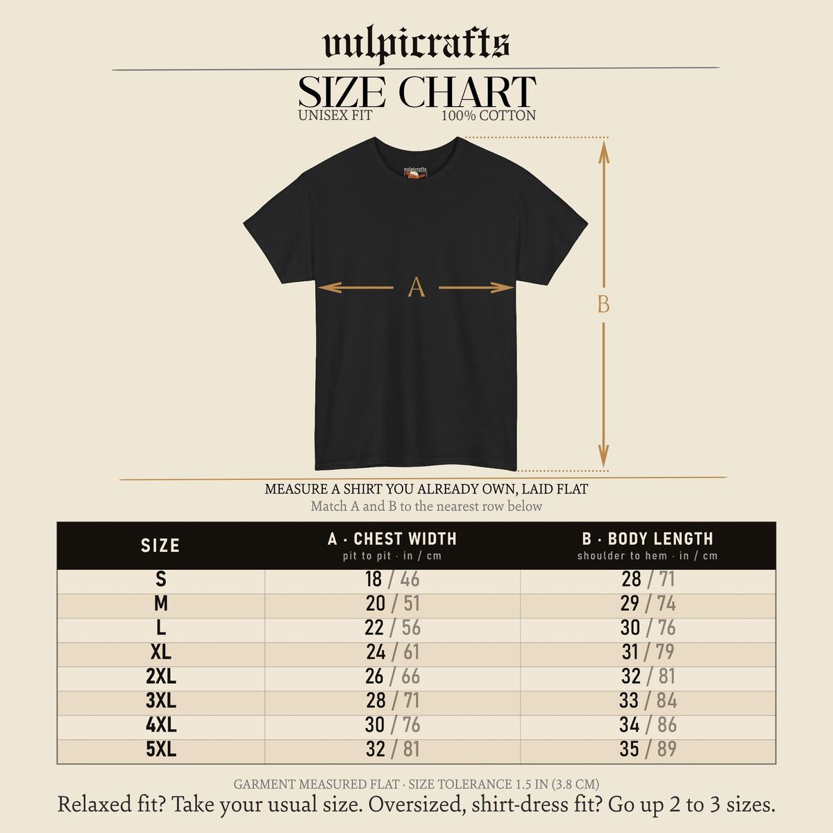 May include: A black t-shirt size chart by Vulpicrafts featuring a graphic of a black t-shirt with arrows labeled A for chest width and B for body length. A table lists sizes S through 5XL with measurements in inches and centimeters for each.