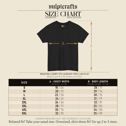 May include: A black t-shirt size chart by Vulpicrafts featuring a graphic of a black t-shirt with arrows labeled A for chest width and B for body length. A table lists sizes S through 5XL with measurements in inches and centimeters for each.