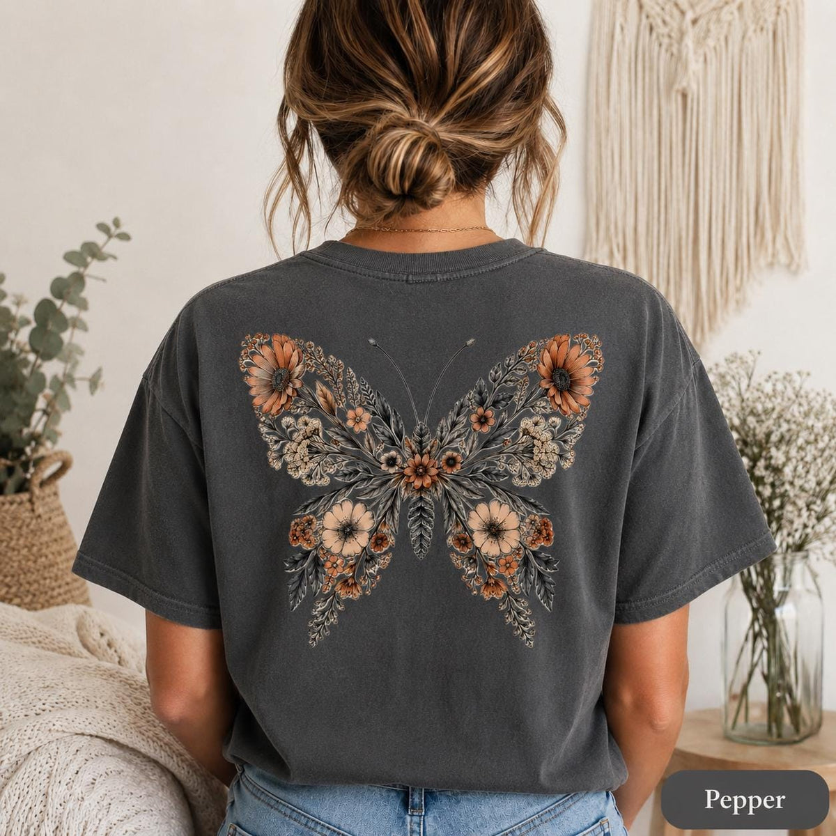 Comfort Colors floral butterfly back print shirt featuring a warm orange botanical butterfly design, styled as a cottagecore pressed flower tee for butterfly lovers, flower lovers, and nature lovers.