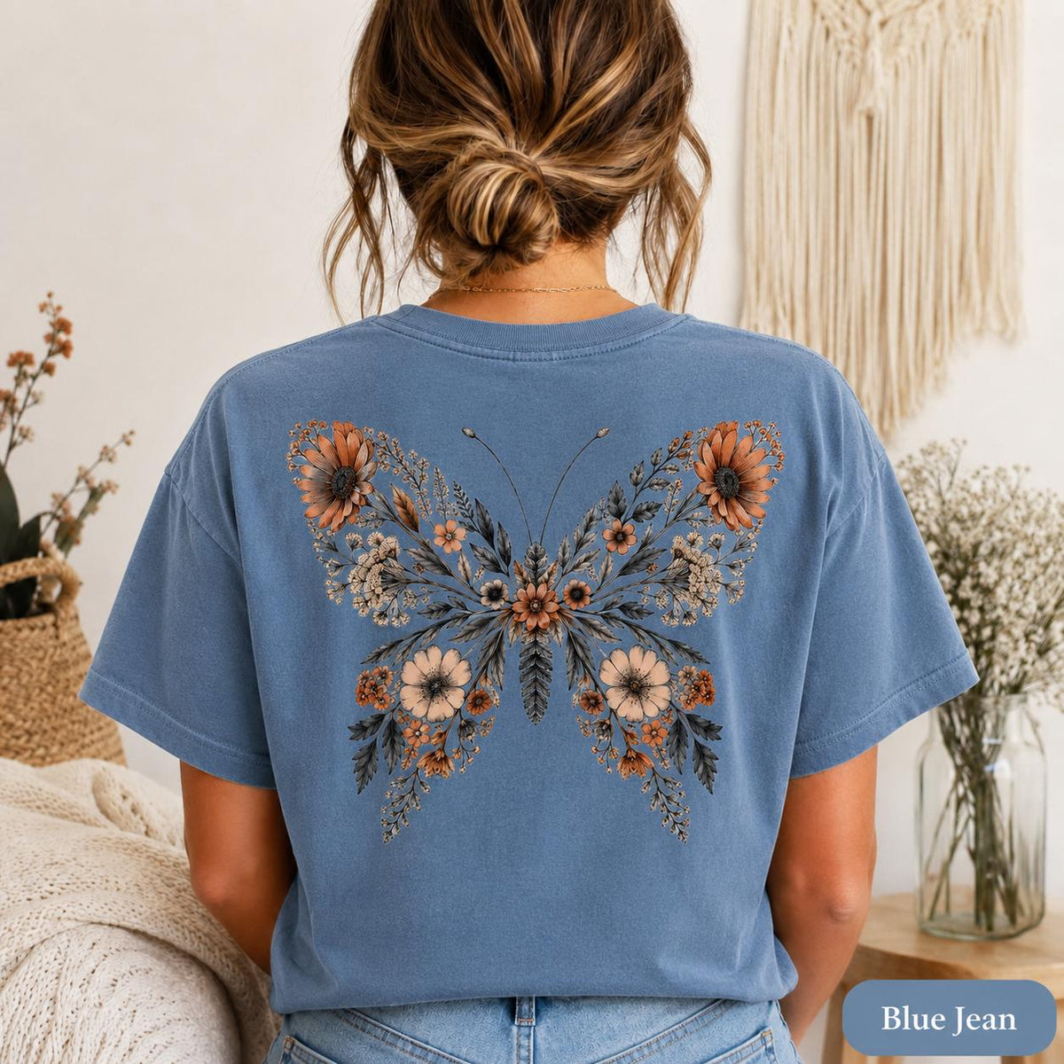 Comfort Colors Butterfly Back Print Shirt, Floral Butterfly Tee, Cottagecore Pressed Flower T-Shirt, Boho Nature Shirt image 4