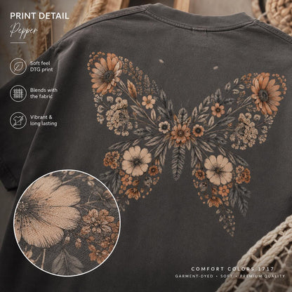 May include: A charcoal gray t-shirt featuring a large butterfly graphic composed of various tan and brown flowers and leaves. The design includes text labels such as PRINT DETAIL, Pepper, Soft feel DTG print, Blends with the fabric, and COMFORT COLORS 1717.
