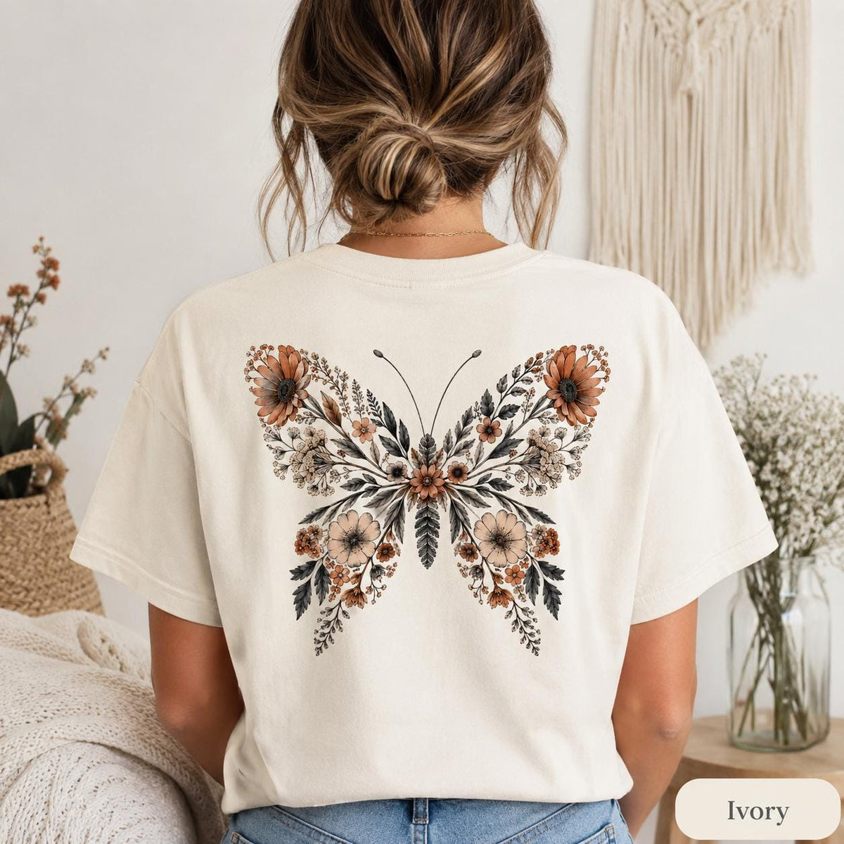 Comfort Colors Butterfly Back Print Shirt, Floral Butterfly Tee, Cottagecore Pressed Flower T-Shirt, Boho Nature Shirt image 8