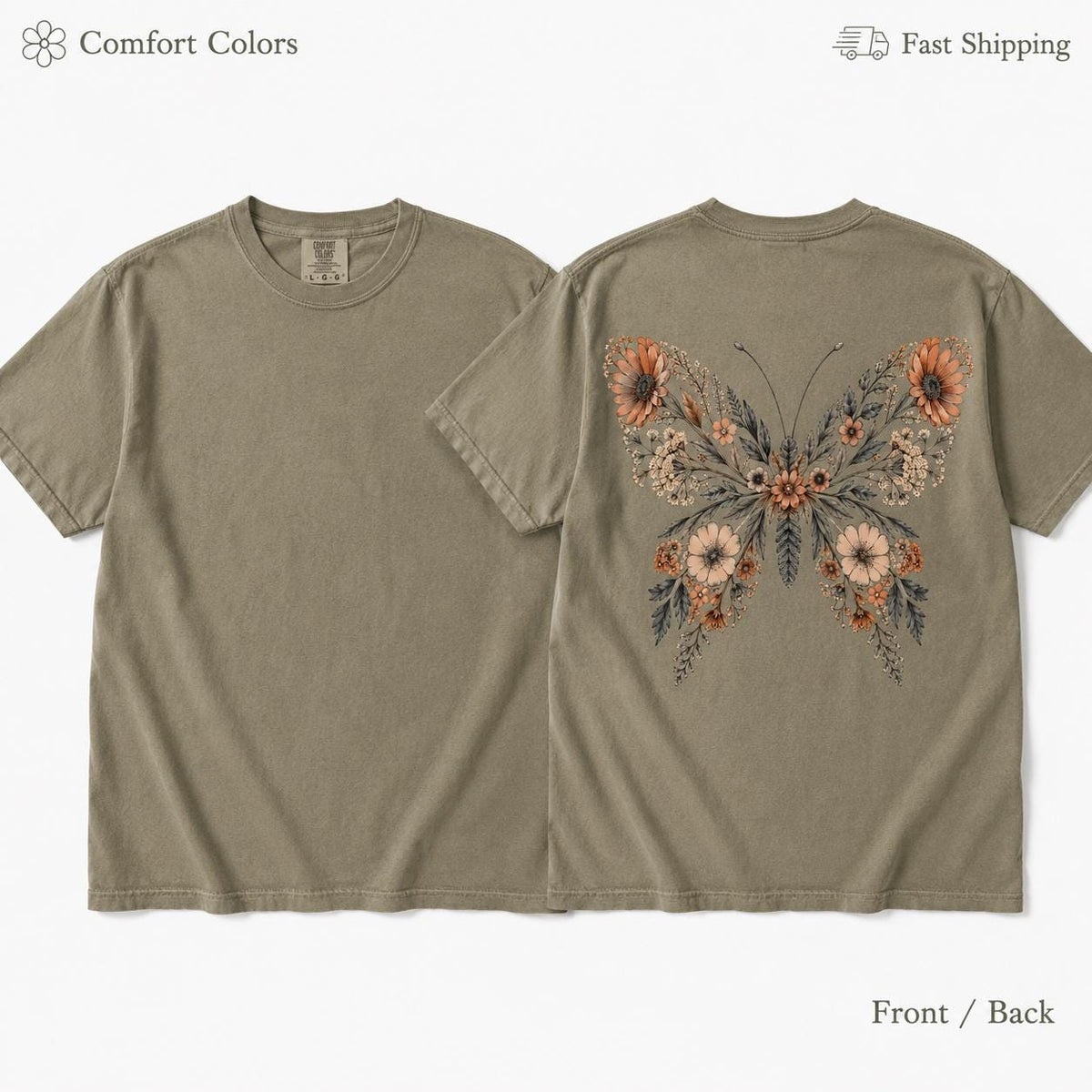 May include: A short-sleeved crew neck t-shirt in a muted olive green color. The front is plain, while the back features a large graphic of a butterfly composed of various orange, peach, and brown flowers, leaves, and stems on a dark background.