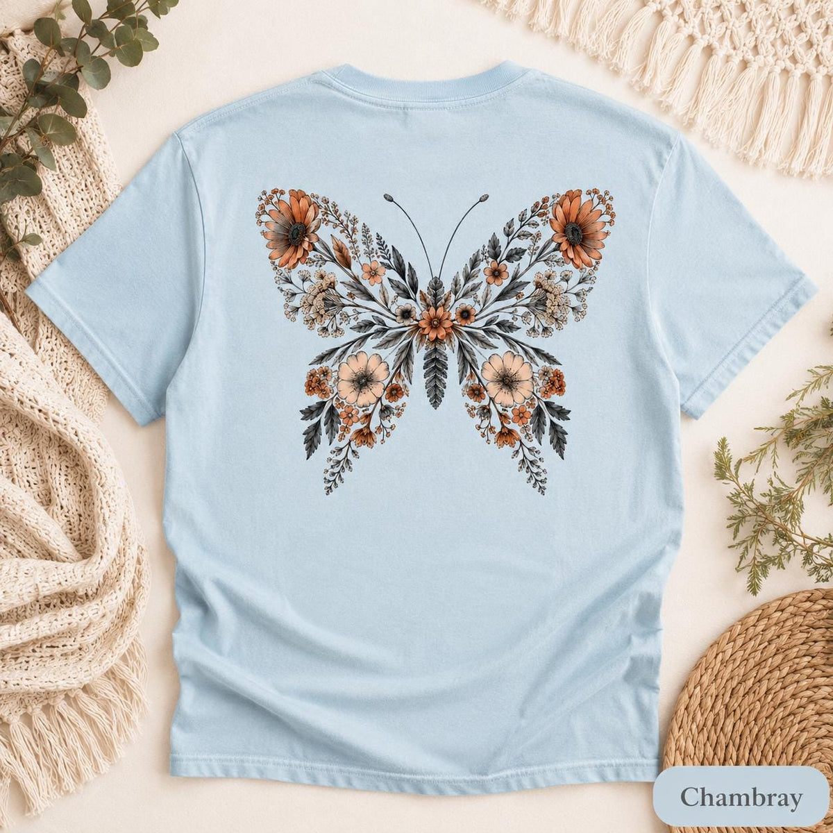 Comfort Colors Butterfly Back Print Shirt, Floral Butterfly Tee, Cottagecore Pressed Flower T-Shirt, Boho Nature Shirt image 11